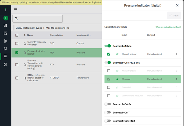 Calibration methods settings details