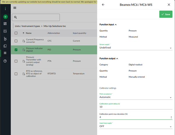 Calibration methods settings details view