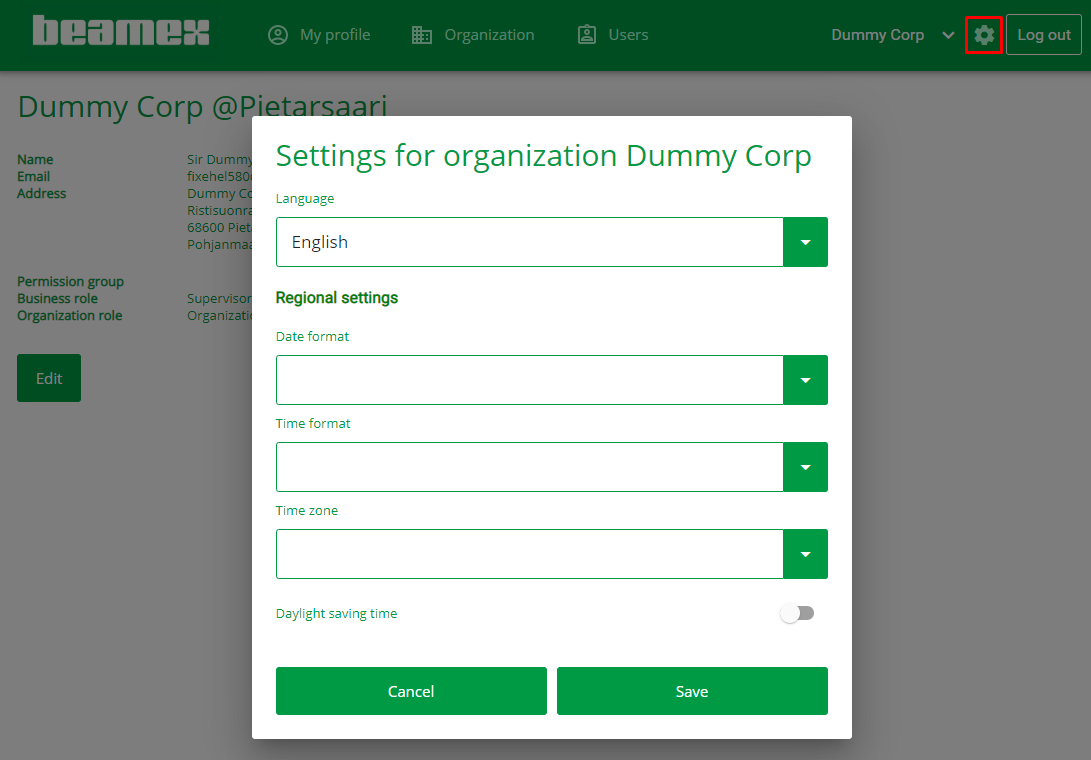 myBeamex Settings