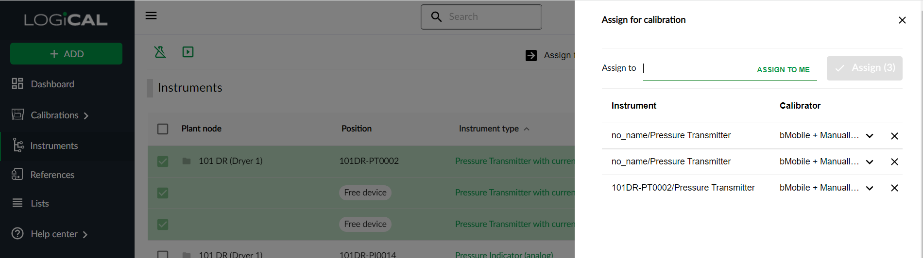 Assign for calibration form