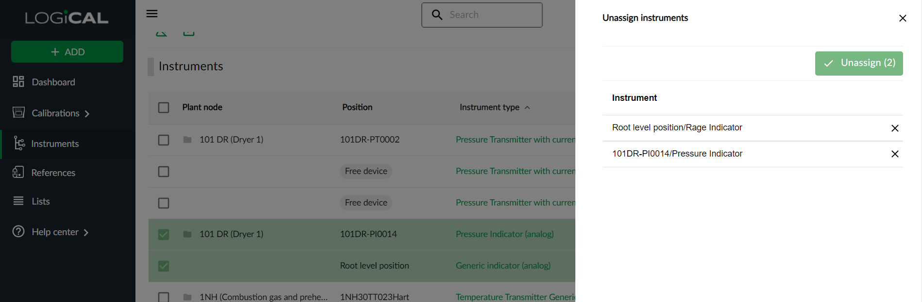 Unassign from calibration form