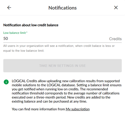 Credits balance limit notification