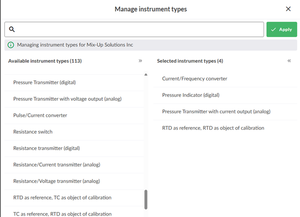 Manage instrument types