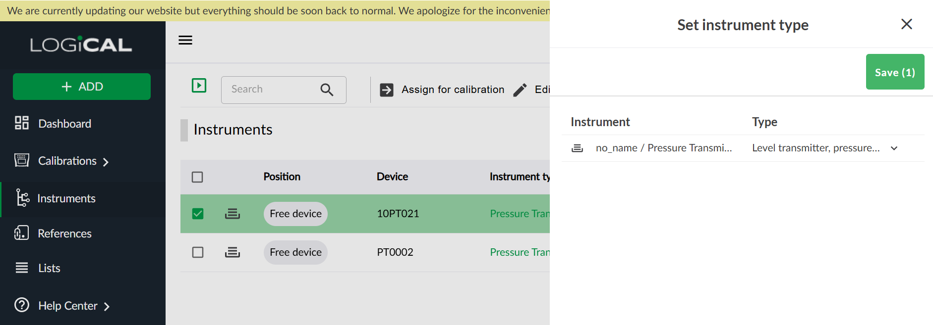Set instrument type for instrument