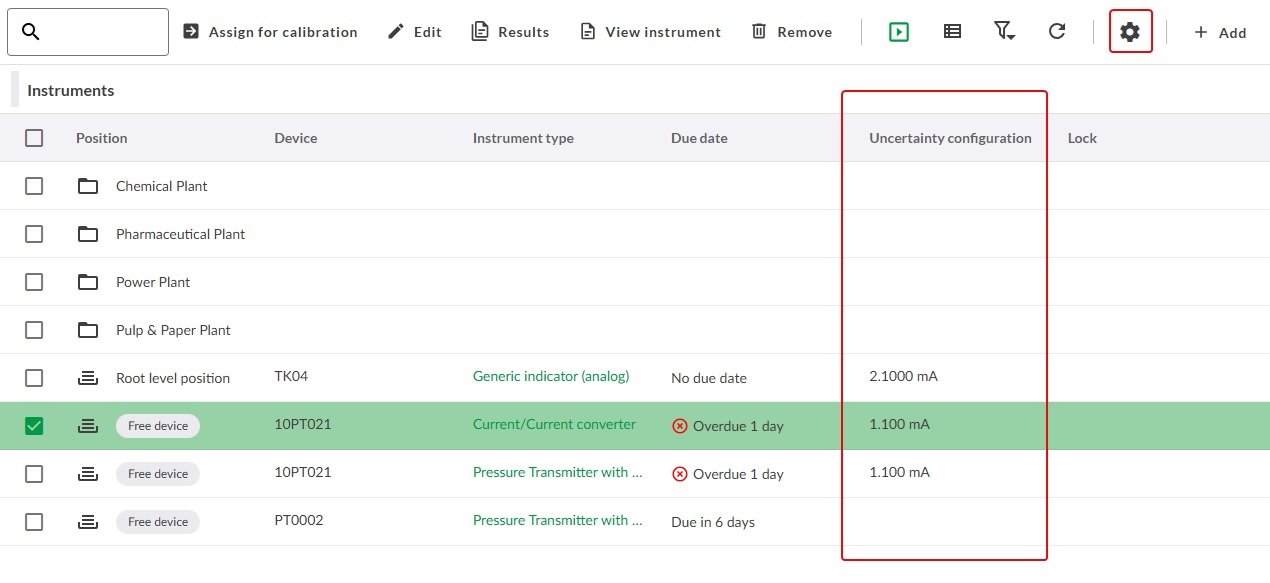 Uncertainty column configuration